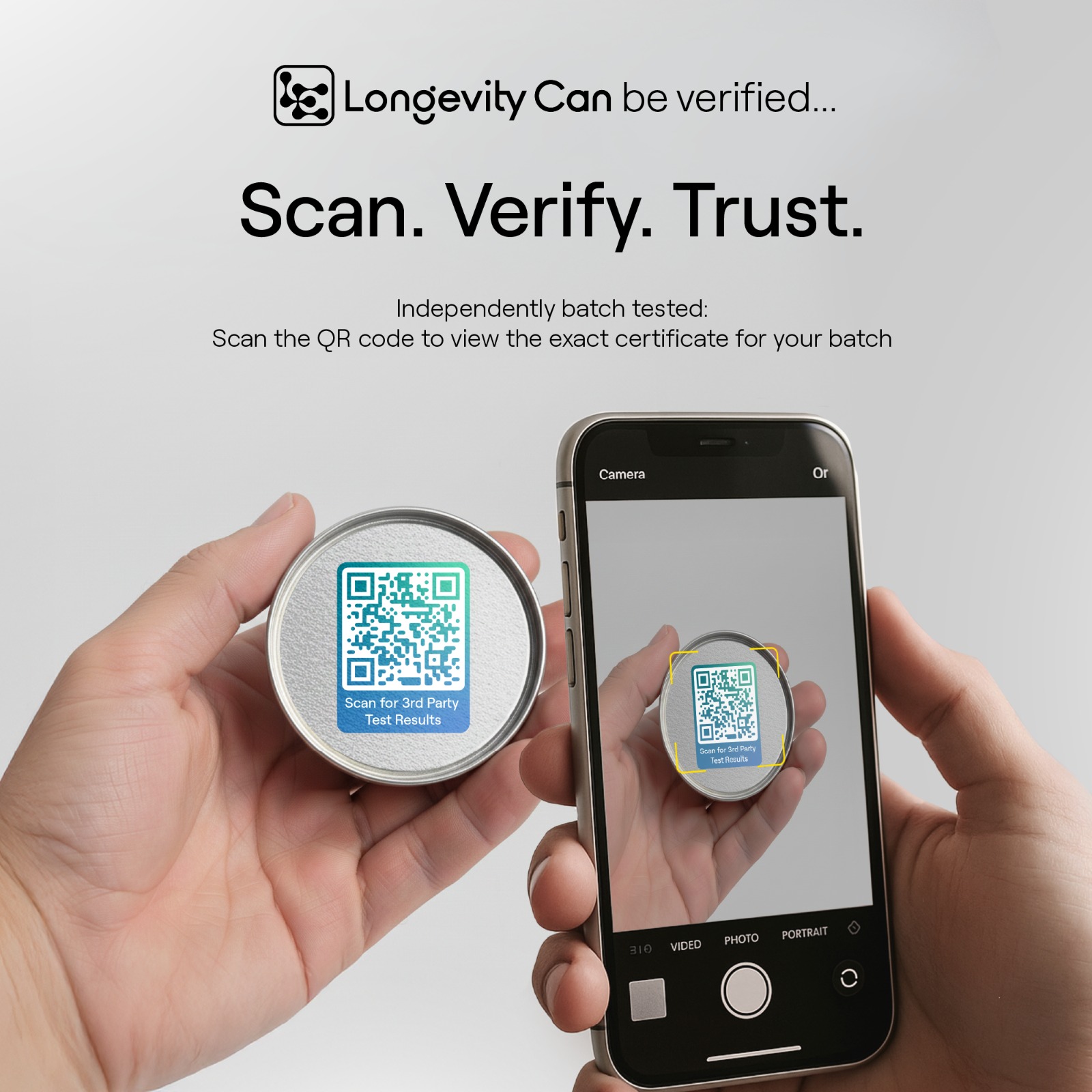 Scan QR code to verify a Longevity Can batch