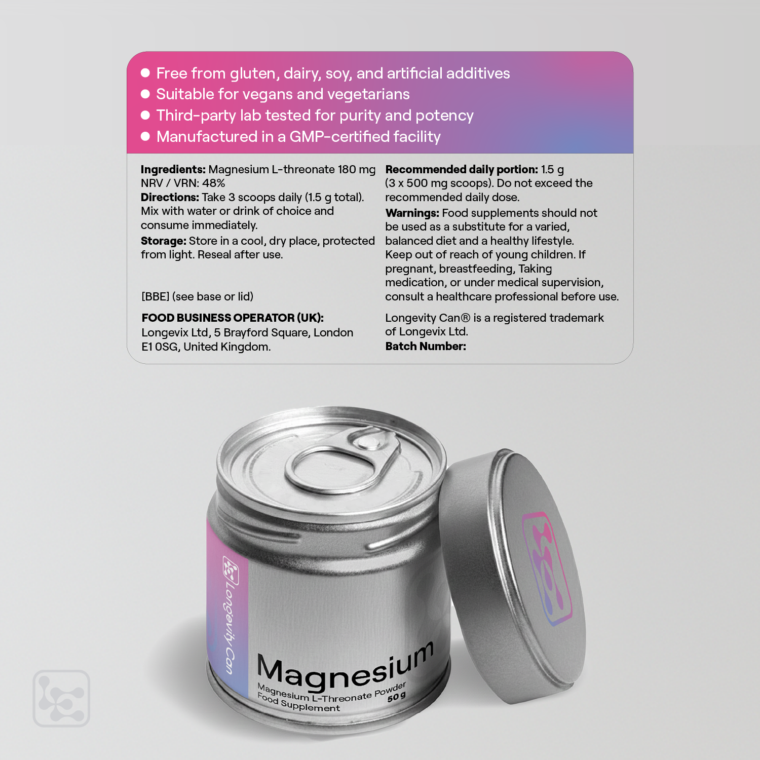 Magnesium L-Threonate Powder 50g | Magnesium for Cognitive and Nervous System Support